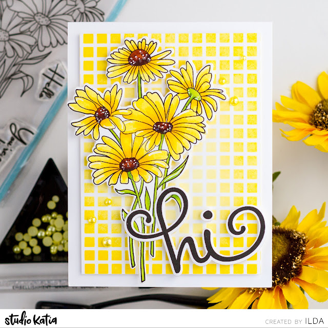 Hello, Fall Floral Card,Studio Katia, Daisy Bunch, Simply 'Hi' Stamp,copics,Ink Blending,Card Making, Stamping, Die Cutting, handmade card, ilovedoingallthingscrafty, Stamps, how to,