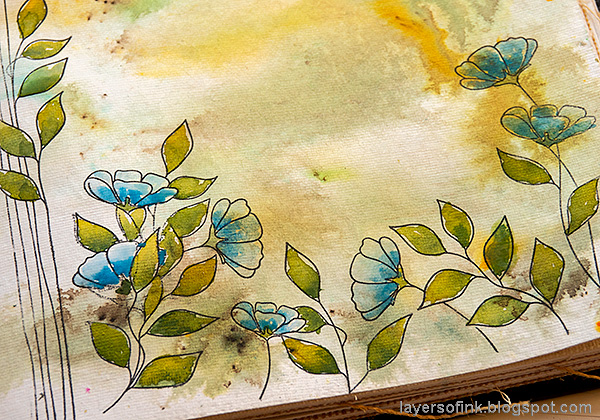 Layers of ink - Wildflower Art Journal Page with watercoloring and stamping, by Anna-Karin Evaldsson. Watercolor the flowers.