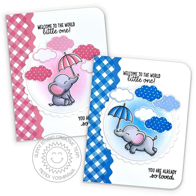 Sunny Studio Baby Girl & Boy Umbrella Gingham Card (using Baby Elephants, Background Basics, Inside Greetings Congrats Stamps, Ric Rac Border Dies, Scalloped Circle Mat 1, Stitched Circle Small Dies)