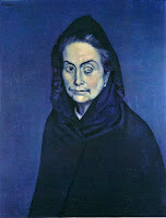 Pablo Picasso's Celestina, 1904, in Blue Period of Picasso. Monochromatic painting depicts a blind old woman in blue tones.