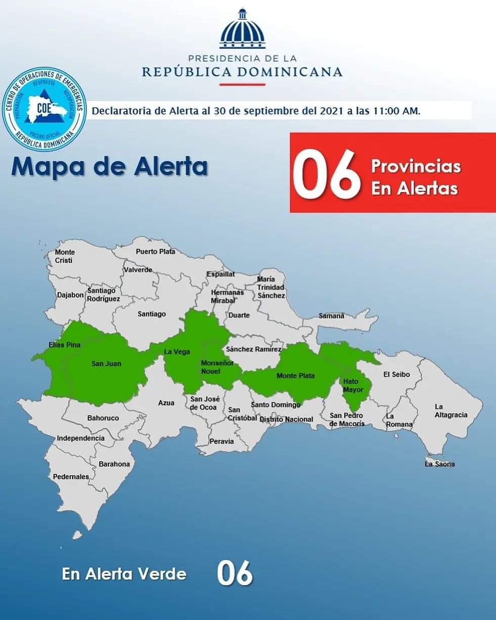 COE declara seis provincias en alerta verde por posibles efectos huracán Sam. 