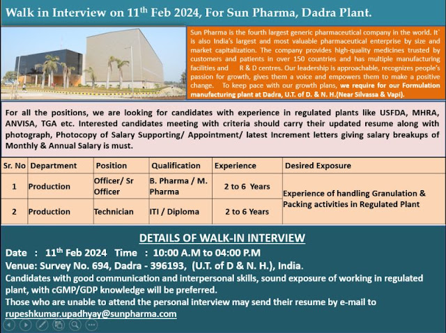 Sun Pharma Walk In Interview For Production Department