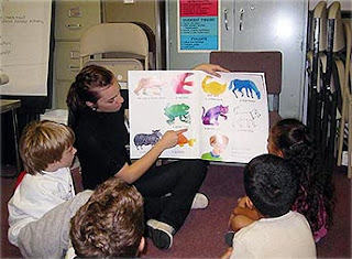 Teacher showing a book of words with picture equivalents to a group of children