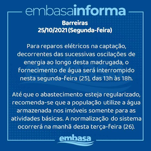 Fornecimento de água será interrompido na tarde desta segunda-feira, em Barreiras