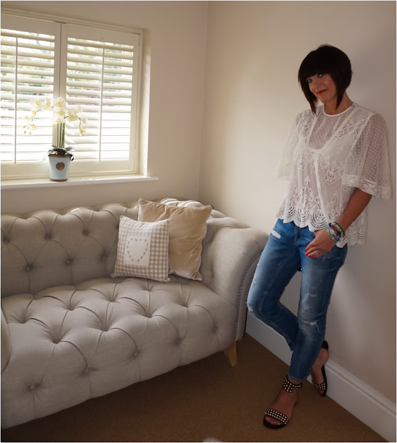 My Midlife Fashion, Zara lace blouse, zara distressed cigarette length jeans, ash footwear monoi studded sandals, hipanema bracelet