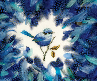 Project photo of Royal Blue project from Inspirations issue #77. (Blue thread painted bird surrounded by assorted blue feathers.)