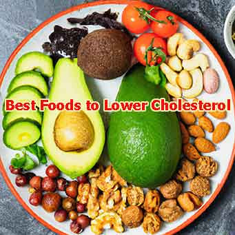 Assorted foods on a plate including avocado, nuts, and vegetables. Best Foods to Lower Cholesterol.