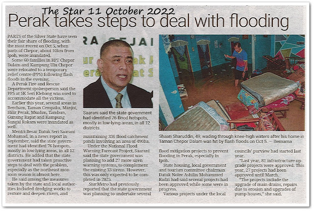 Perak takes steps to deal with flooding - Keratan akhbar The Star 11 October 2022