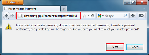 resetting master password firefox