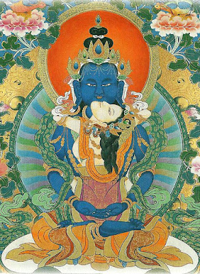 The male and female primordial buddhas Samantabhandra and Samantabhadri in union. Thangkas painted by Shawu Tsering and photographed by Jill Morley Smith are in the private collection of Gyurme Dorje.