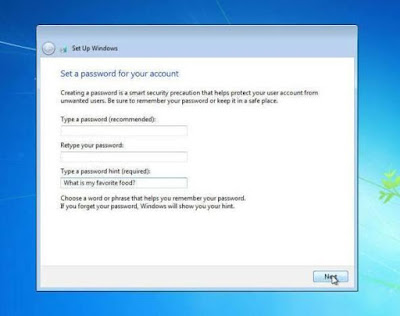 cara instal windows 7, memasukan password