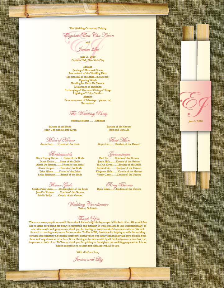 This bamboo scroll program will be perfect for any tropical wedding
