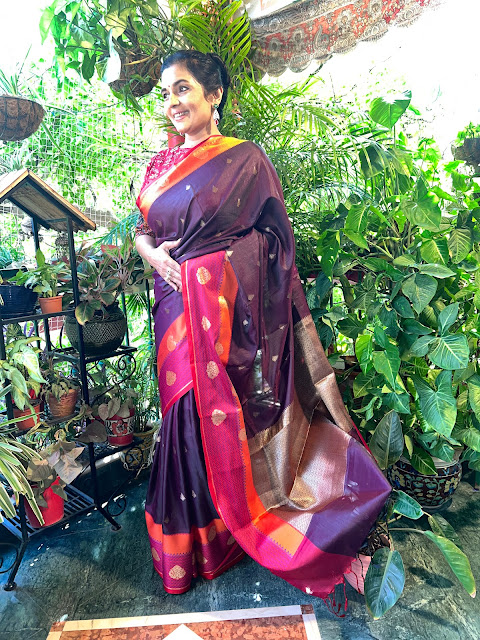 Aubergine Kanchi cotton saree with a silk border