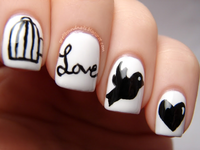 nails nailart nail art polish mani manicure Spellbound Lacquer ABC Challenge letter W is for Wings of Love bird cage birdcage caged bird love cursive flying fly away heart hearts black white LA Colors Energy Source Petites Night elegant sweet holiday Valentine's Day design