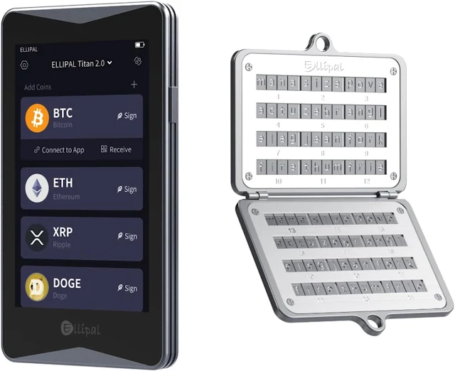 There is an Ellipal Titan 2.0 hardware, digital wallet and metal seed fraze storage on the picture