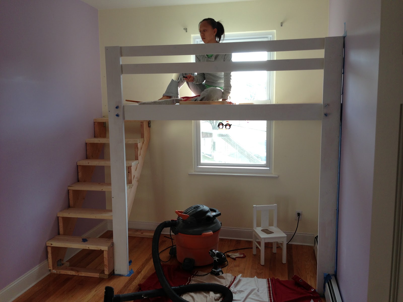  Space: Loft bed, bunk bed build with hanging toddler bed and swing