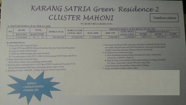 RUMAH TAMBUN BEKASI CLUSTER MAHONI KARANG SATRIA