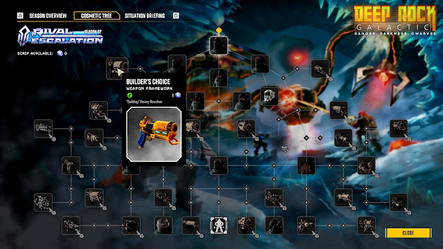Season 2 Season Pass called Rival Escalation. It is a screen with a large selection of unlockable gear that the season pass is providing. Selected is the weapon framework called "Builder's Choice" for the "Bulldog" Heavy Revolver. In the background is a a screen of dwarves fighting a robotic enemy in an icy biome