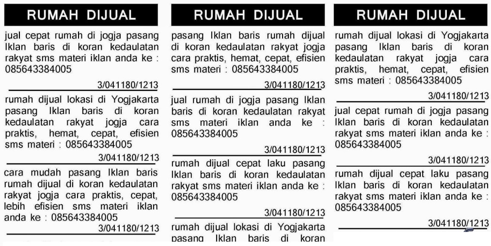 Contoh Iklan Baris Rumah Dijual Di Surat Kabar atau Koran 