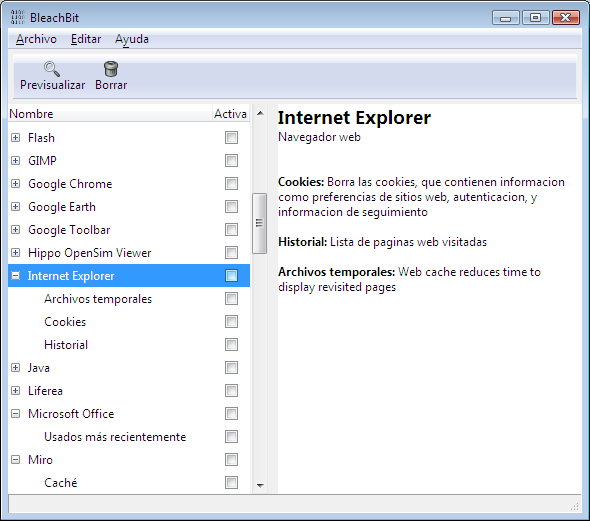 BleachBit 0.6.0 on Windows Vista in Spanish (Español) showing the Internet Explorer description