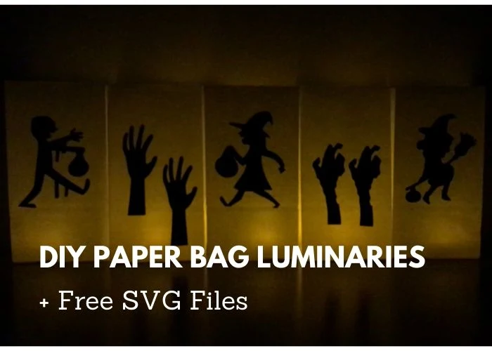 How to make easy DIY Halloween luminarties. These cute decorations are cheap to make with paper bags, tea lights, and cardstock.  Use these for home decor or for outdoor paths or porches if it's not raining. Need ideas for Halloween crafts?  These look cute!  Even kids can make them.  This also has free Halloween SVG files for your Cricut or Silhouette. #diy #halloween 