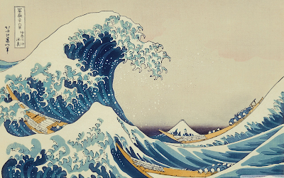 ID: the 1831 woodblock print of The Great Wave off Kanagawa by Katsushika Hokusai. A large wave capsizes two fishing boats with Mount Fuji in the background.