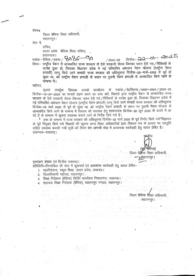 जनपद सहारनपुर से OPS के लिए प्रेषित सूची में इन शिक्षक भर्ती के बैच को किया गया शामिल