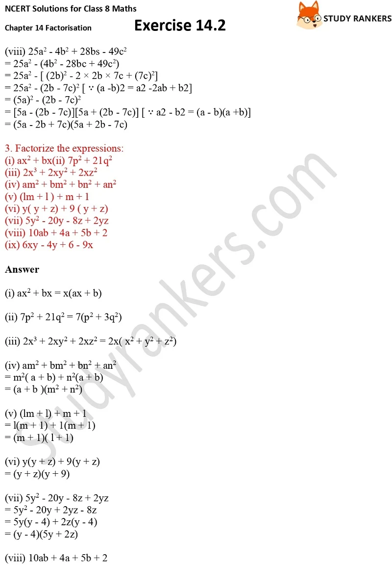 NCERT Solutions for Class 8 Maths Ch 14 Factorization Exercise 14.3