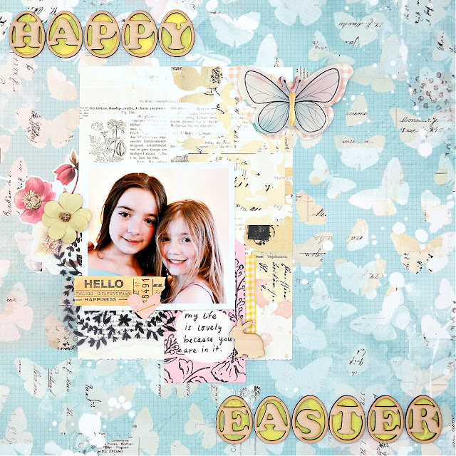 Shabby Chic Spring Easter Mixed Media Scrapbook Layout with Butterflies and Bunnies