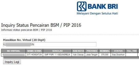 gambar cek BSM/PIP 2016 Sudah Masuk ke rekening BRI