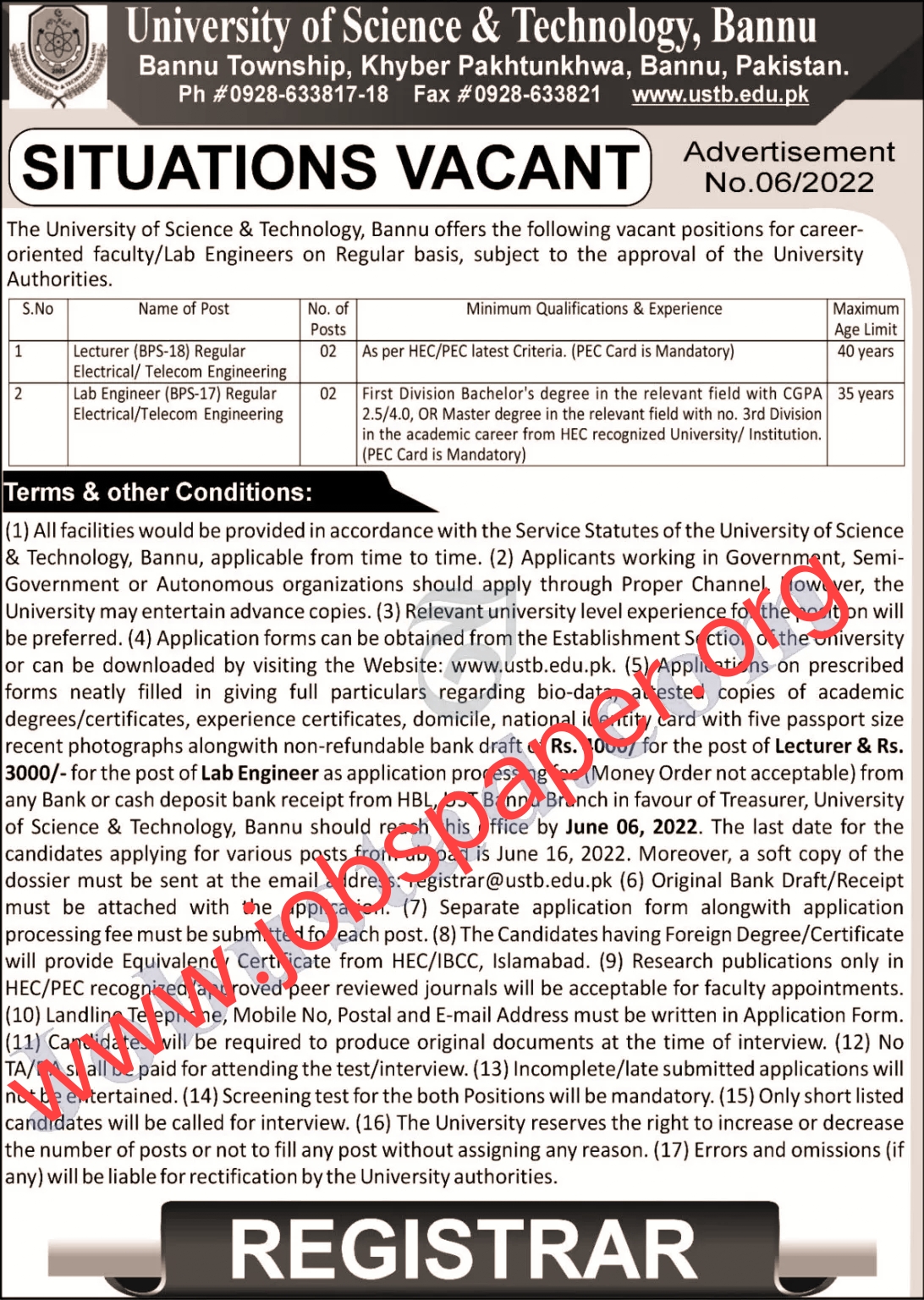 Bannu Jobs 2022 at the University of Science and Technology