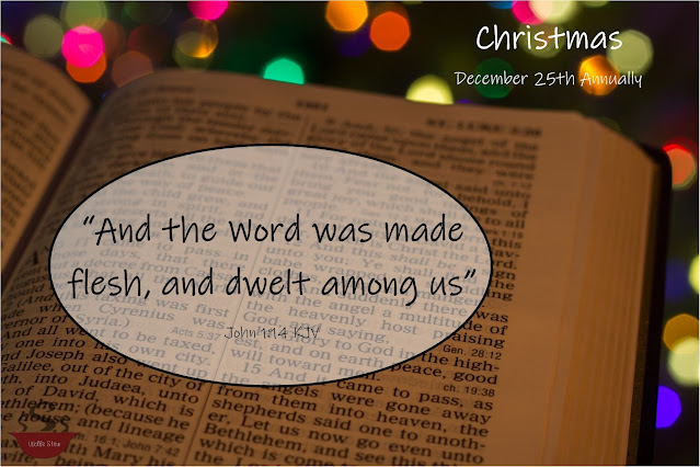 A bible with Christmas lights in the background. John 1:14 quoted in the foreground "And the Word became flesh and dwelt among us."