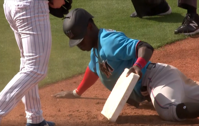 Miami Marlins SS Jazz Chisholm steals third base, tries to take it with him 2/22/2020