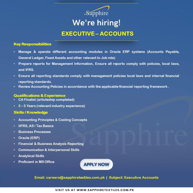 Sapphire Textile Mills Limited Jobs For Executive - Accounts