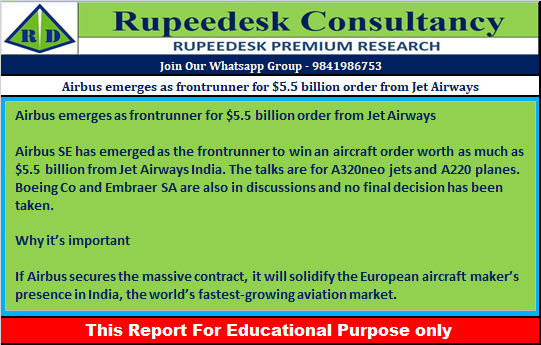 Airbus emerges as frontrunner for $5.5 billion order from Jet Airways - Rupeedesk Reports - 28.06.2022