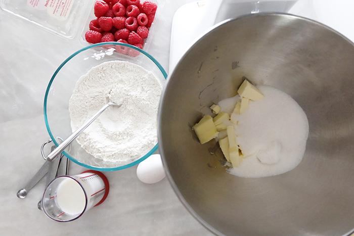 prepping ingredients for raspberry buttermilk cake