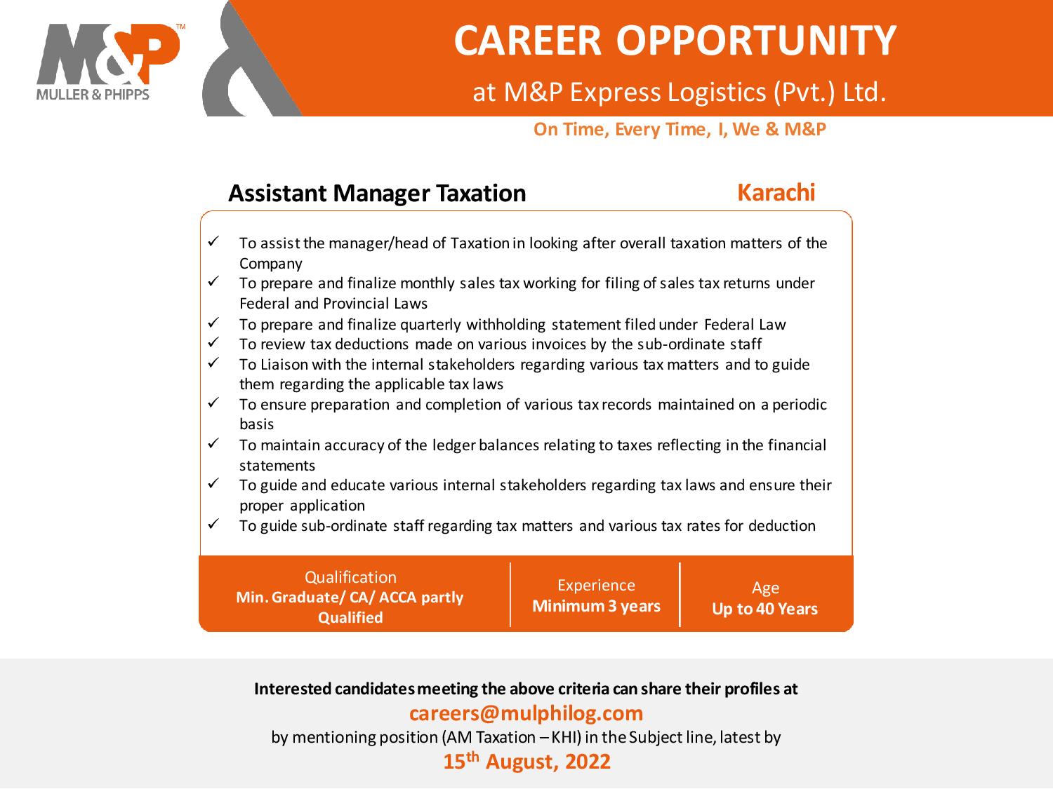 Assistant Manager Taxation opportunity at M&P Express Logistics
