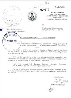 Establishment State Planning Commission - Filling up the post of "SYSTEM ANALYST" in SPC List of Eligible Candidates called for - Immediate regarding - பள்ளிக் கல்வி இணை இயக்குநர் உத்தரவு