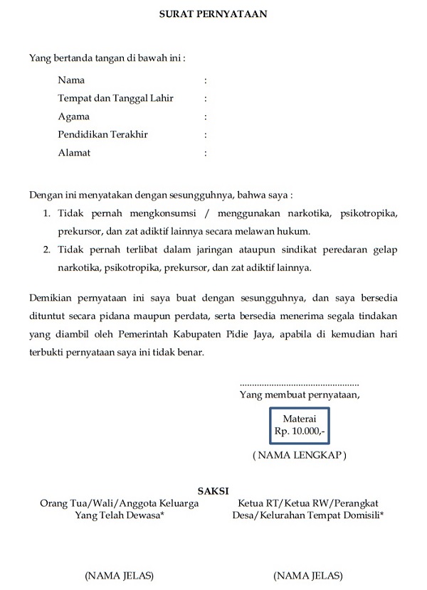 Contoh Surat Pernyataan Bebas Narkoba