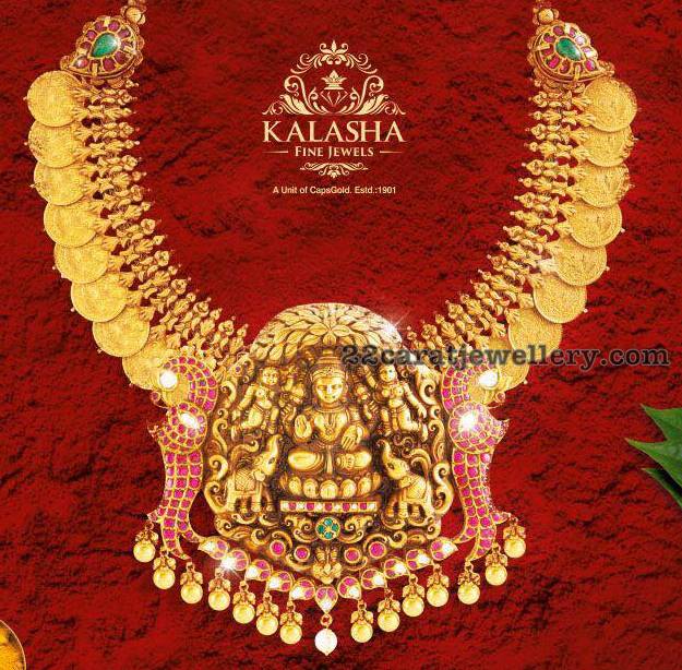 Kasu Necklace with Lakshmi Peacock Pendant