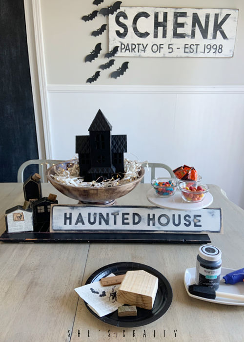 Haunted House Halloween Crafting Party Table Set up.
