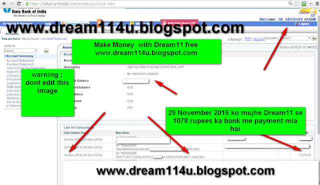 29 November 2016 ko mujhe Dream11 se bank me 1078 rupees ka payment mila hai-see screenshot