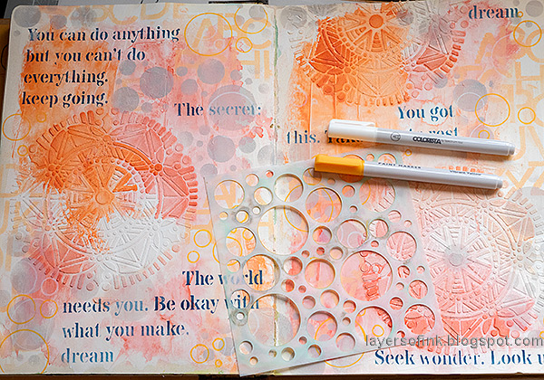 Layers of ink - Simply Fabulous Mixed Media Art Journal tutorial by Anna-Karin Evaldsson. Add circles with paint pens.