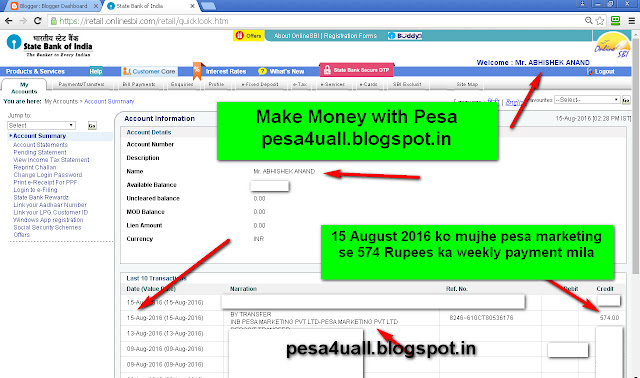 15 August 2016 ko mujhe Pesa marketing se 574 rupees ka weekly payment phir se mil chuka hai-see screenshot