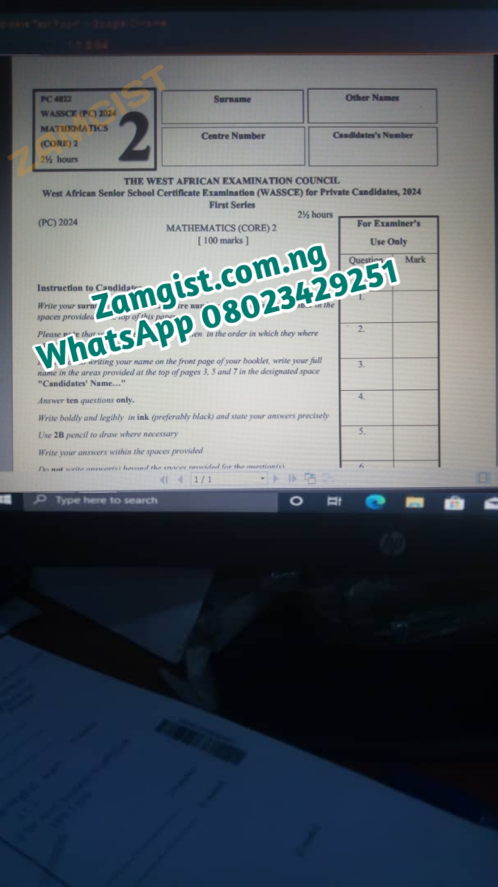 WAEC GCE Mathematics Questions And Answers 2024