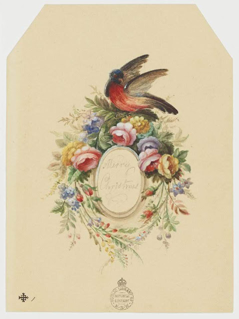 Christmas Card design depicting a floral wreath with a red breasted black bird on top with the words "Merry Christmas".