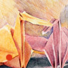 colored pencil drawing of origami cranes, copyright Rose Welty