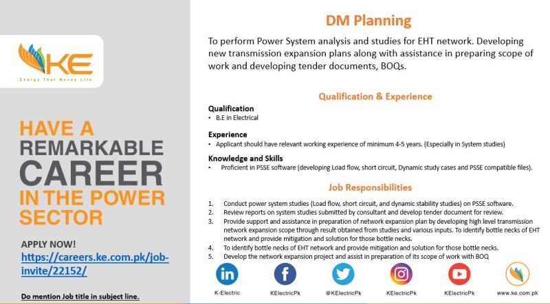 K-Electric is hiring for DM Planning (Project Implementation Department).