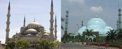 Masjid Sultan Ahmed (Masjid Biru) Istanbul, Turki dengan Masjid Raya Al-Ahzom Tangerang, Banten 