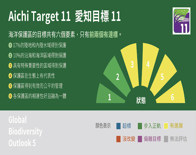 生物多樣性愛知目標11，海洋保護區的成果為部分達標，判別達標與否的兩項要素是藍色或綠色。(資料引用自GB5)